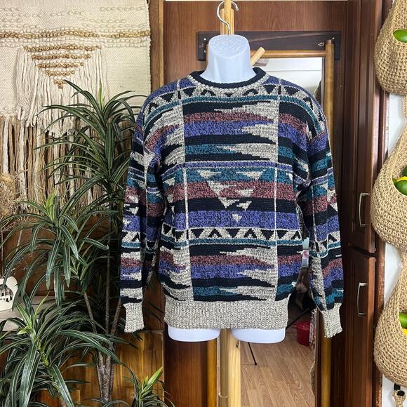 Vintage 90s Abstract Geometric Sweater M Seinfeld Style Coogi Era Statement Knit - Picture 1 of 8
